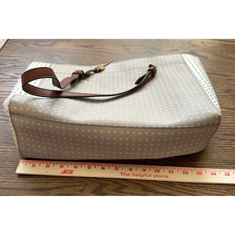 Fossil Rachel Women's Tote Bag Large Tan Heart Canvas Leather Shoulder Purse